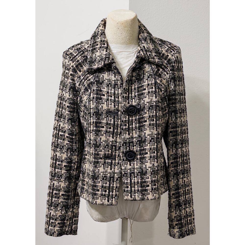 CAbi Womens tweed jacket in black and‎ ivory weave sz M quiet luxury workwear